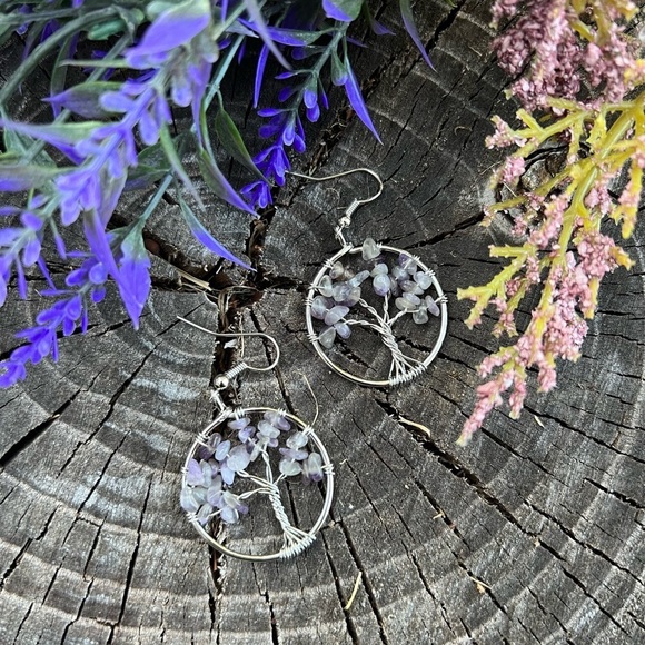 Tree Of Life earrings Amethyst earrings Purple Earrings Hoops Stone Dangle Boho - Picture 2 of 13